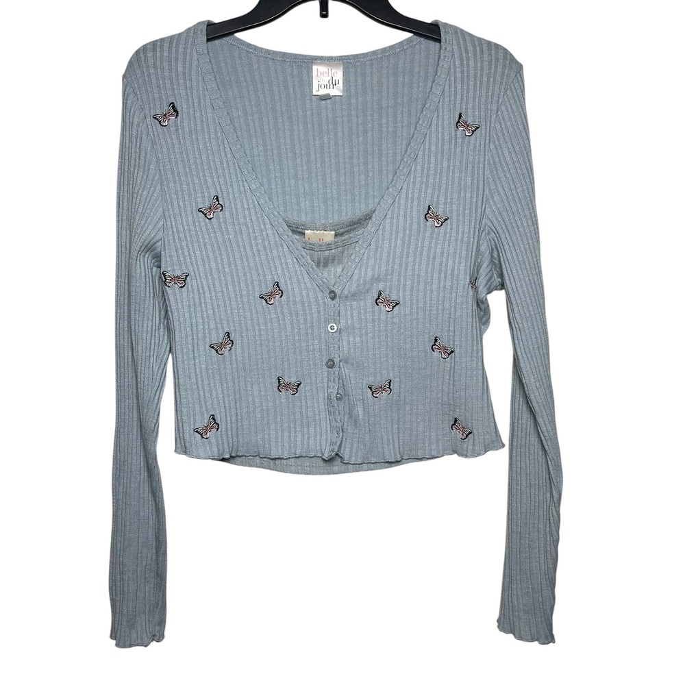 Belle Du Jour Womens Blue Butterfly Embroidered Ribbed Cardigan Tank Set Size XL